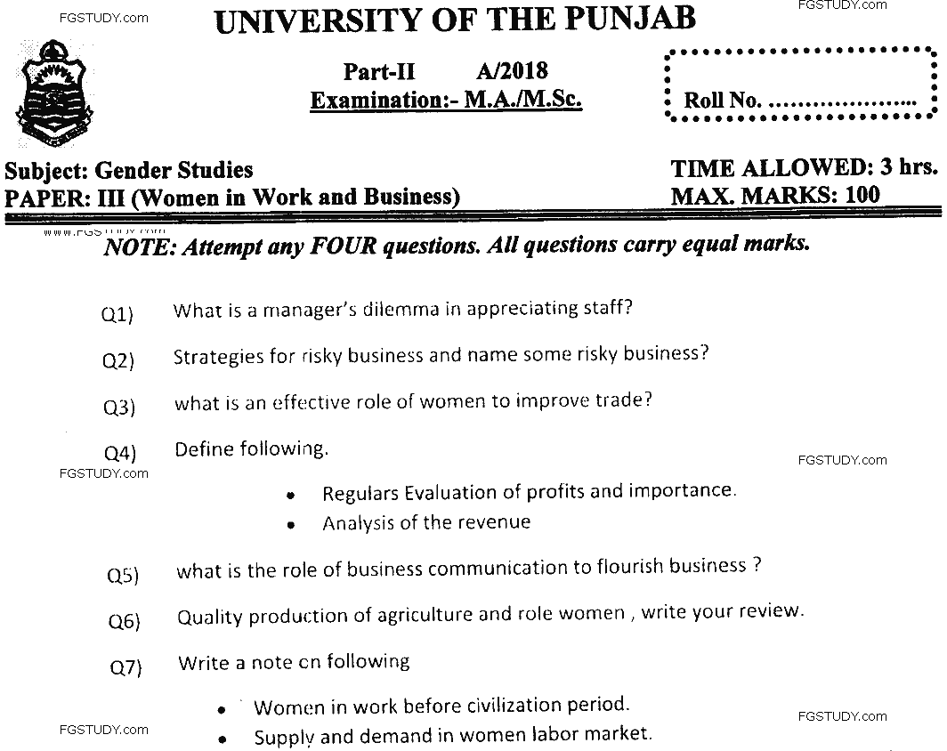 MSc Part 2 Gender Studies Women In Work And Business Past Paper 2018 Punjab University Subjective