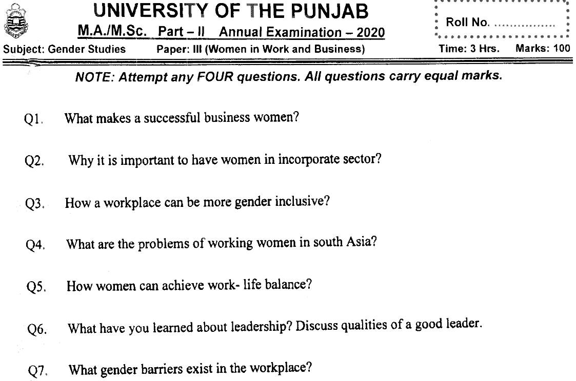 MSc Part 2 Gender Studies Women In Work And Business Past Paper 2020 Punjab University Subjective