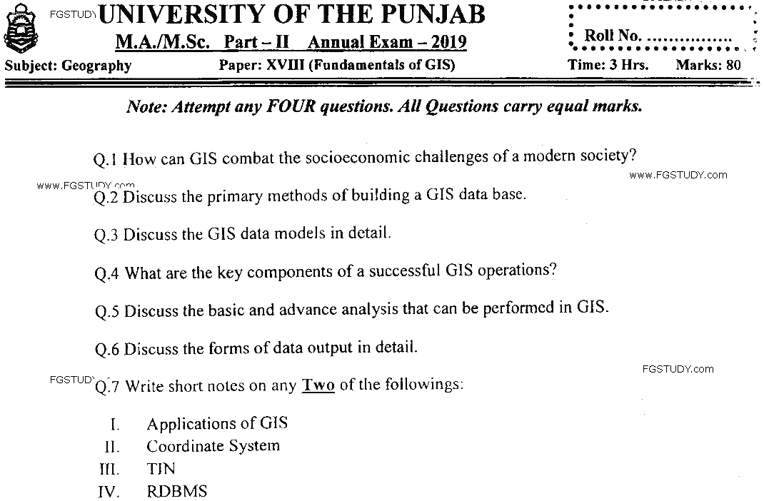 MSc Part 2 Geography Fundamentals Of Gis Past Paper 2019 Punjab University Subjective