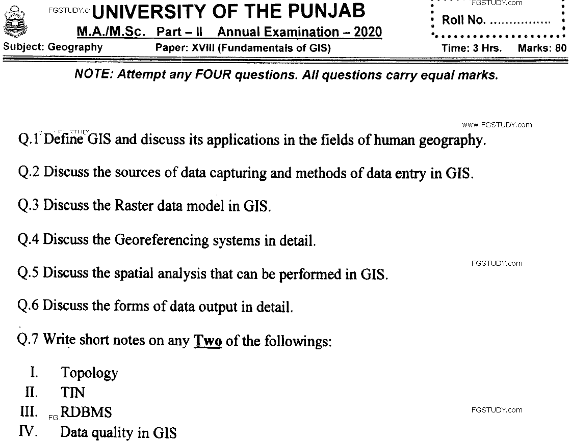 MSc Part 2 Geography Fundamentals Of Gis Past Paper 2020 Punjab University Subjective