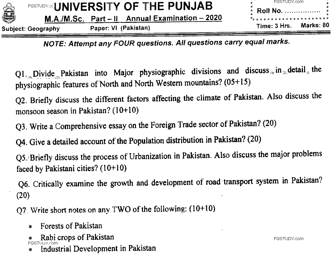 MSc Part 2 Geography Pakistan Past Paper 2020 Punjab University Subjective