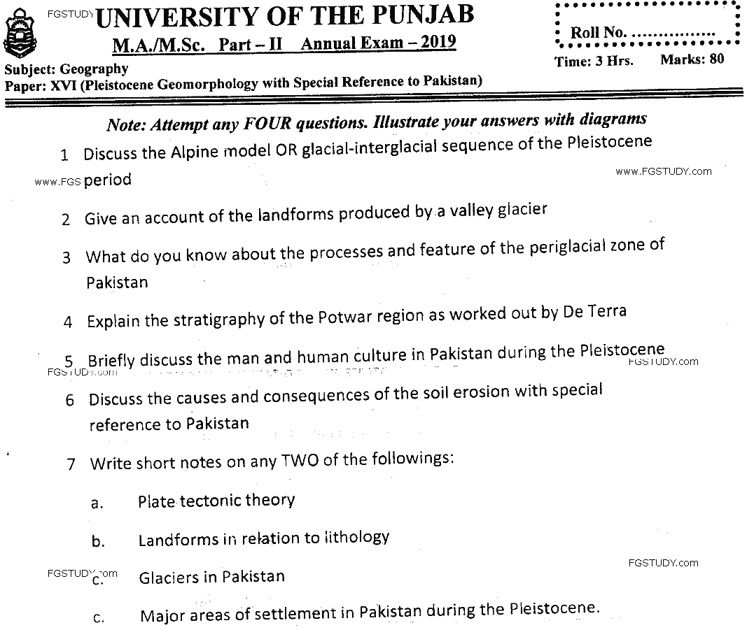 MSc Part 2 Geography Pleistocene Geomorphology Past Paper 2019 Punjab University Subjective
