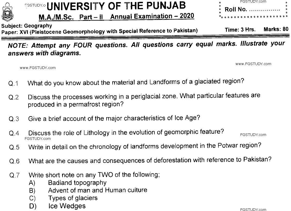 MSc Part 2 Geography Pleistocene Geomorphology Past Paper 2020 Punjab University Subjective