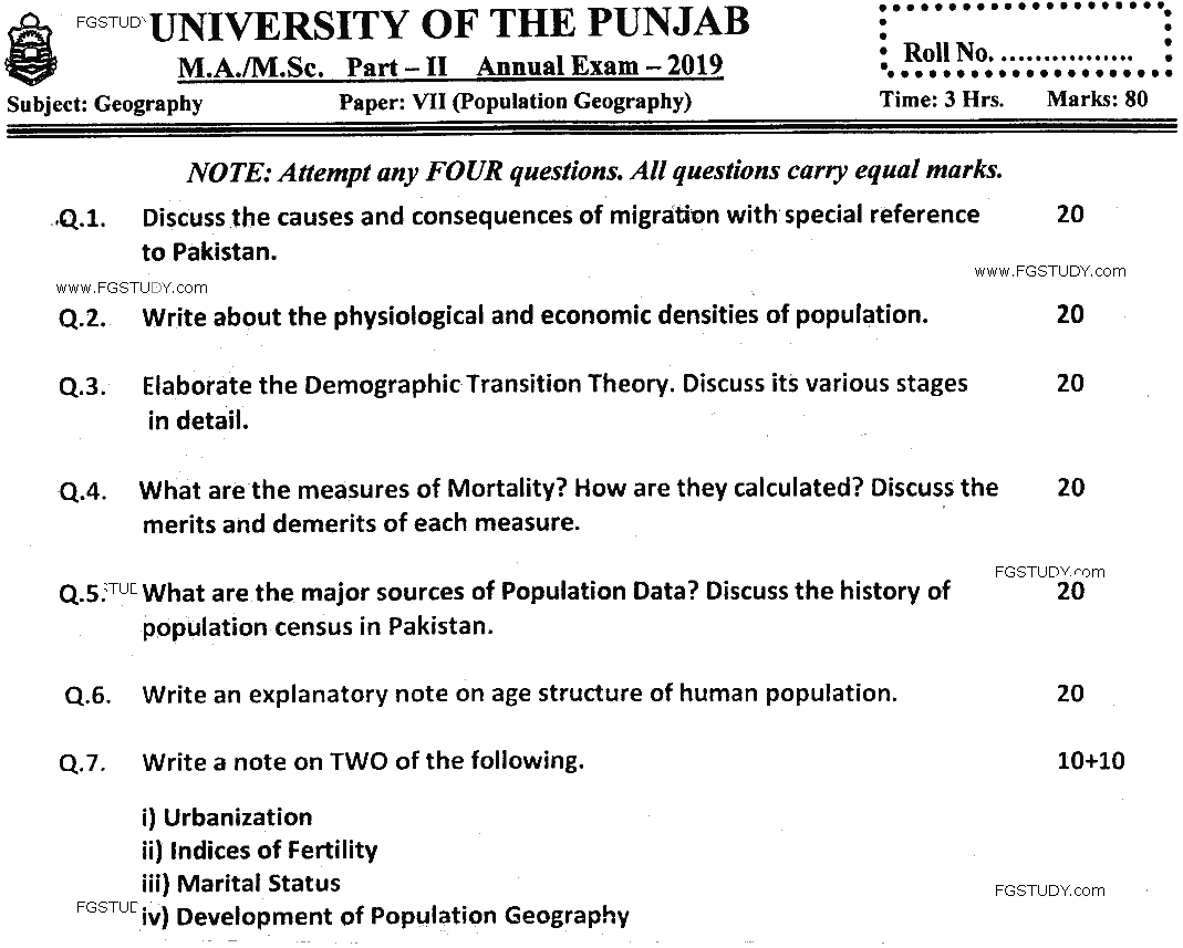 MSc Part 2 Geography Population Geography Past Paper 2019 Punjab University Subjective