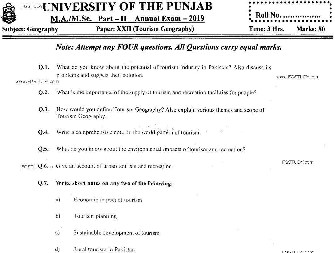 MSc Part 2 Geography Tourism Geography Past Paper 2019 Punjab University Subjective