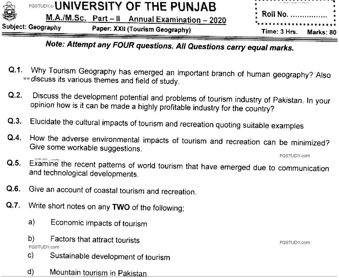 MSc Part 2 Geography Tourism Geography Past Paper 2020 Punjab University Subjective