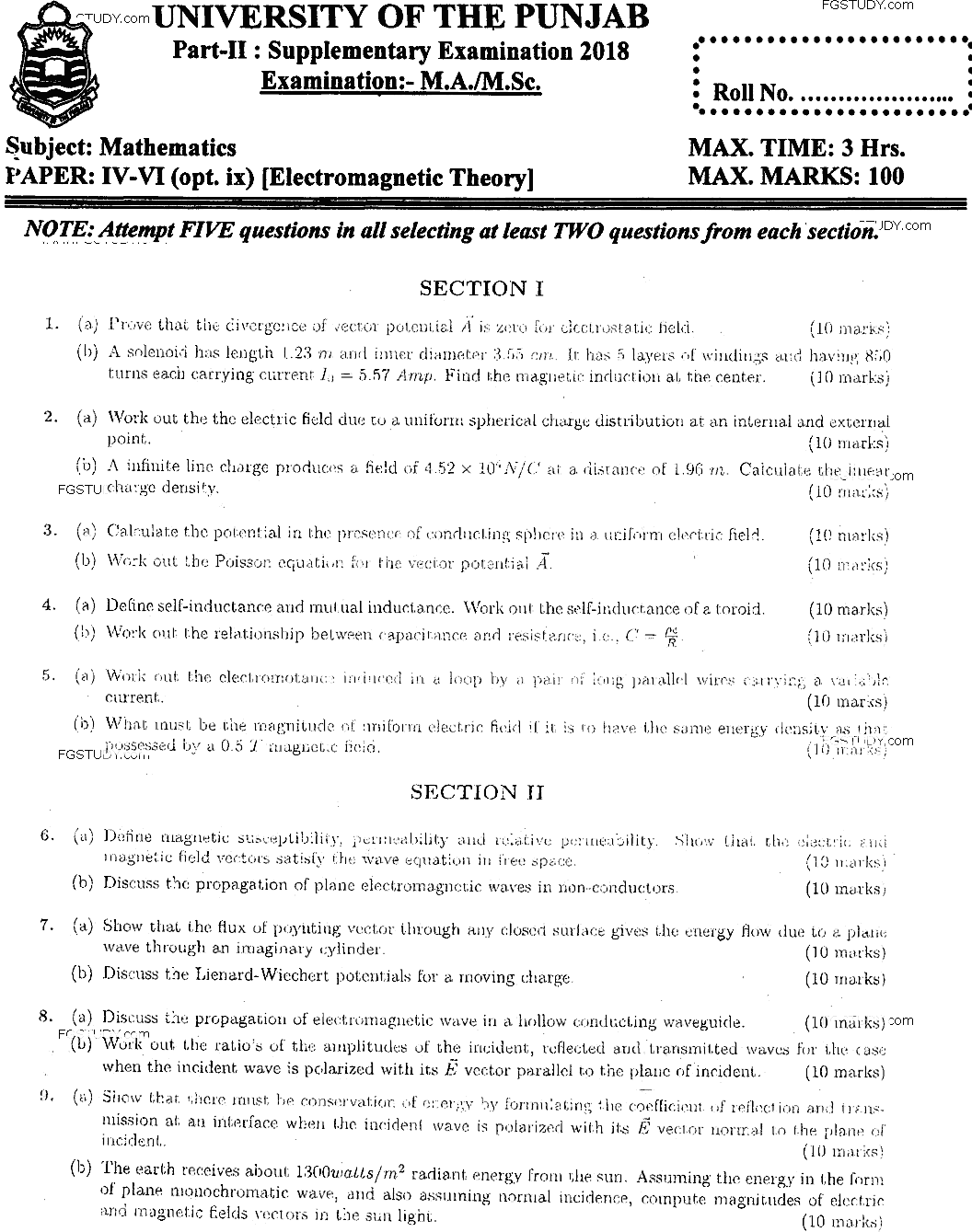 MSc Part 2 Mathematics Electromagnetic Theory Past Paper 2018 Punjab University Subjective