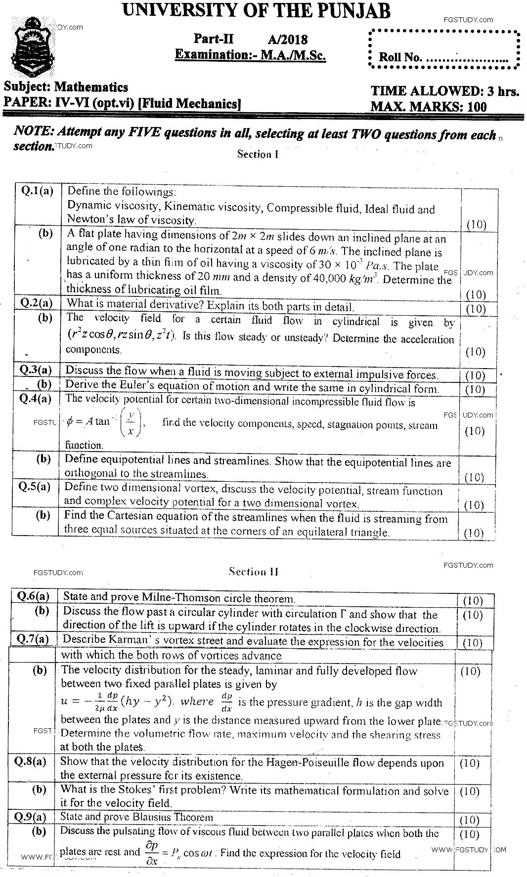 MSc Part 2 Mathematics Fluid Mechanics Past Paper 2018 Punjab University Subjective