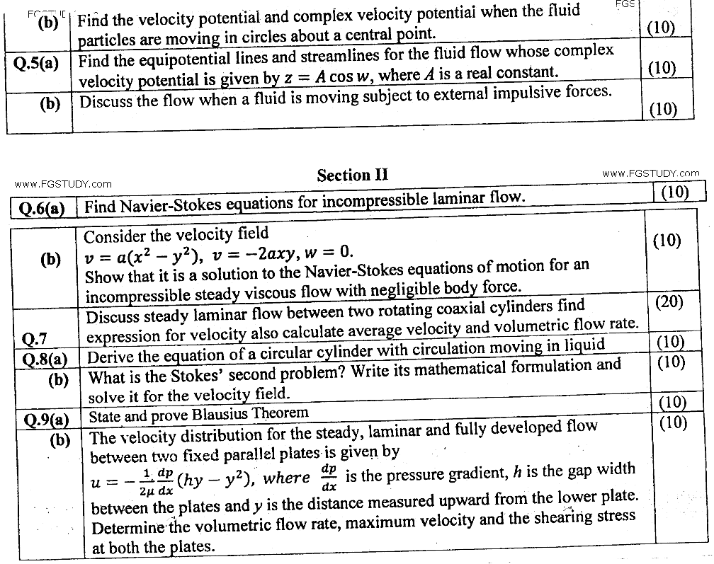 MSc Part 2 Mathematics Fluid Mechanics Past Paper 2019 Punjab University Subjective