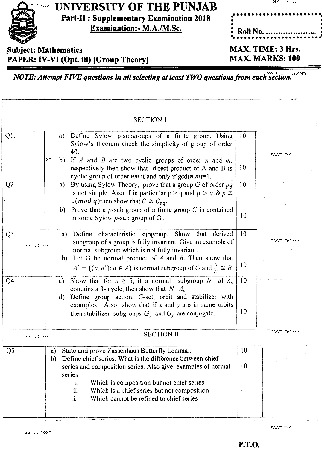 MSc Part 2 Mathematics Group Theory Past Paper 2018 Punjab University Subjective