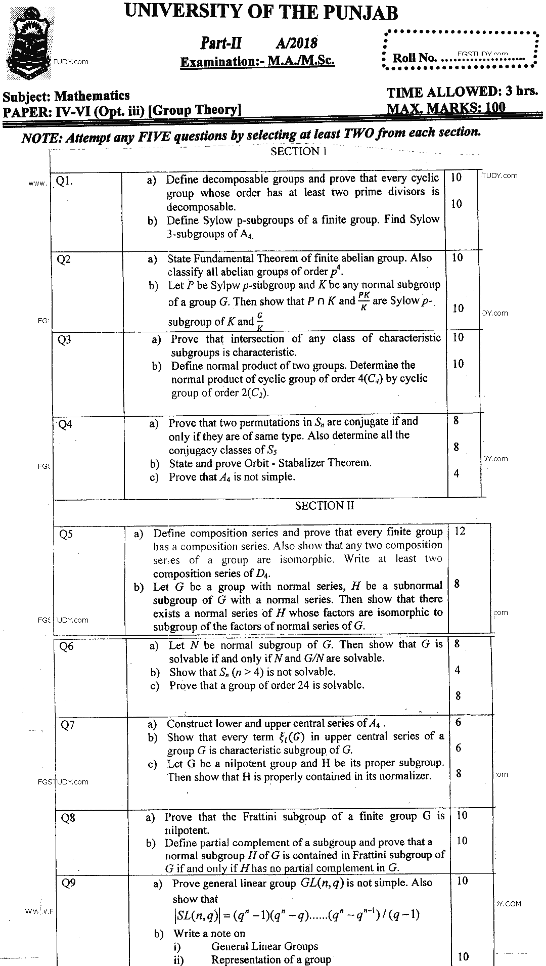 MSc Part 2 Mathematics Group Theory Past Paper 2018 Punjab University Subjective