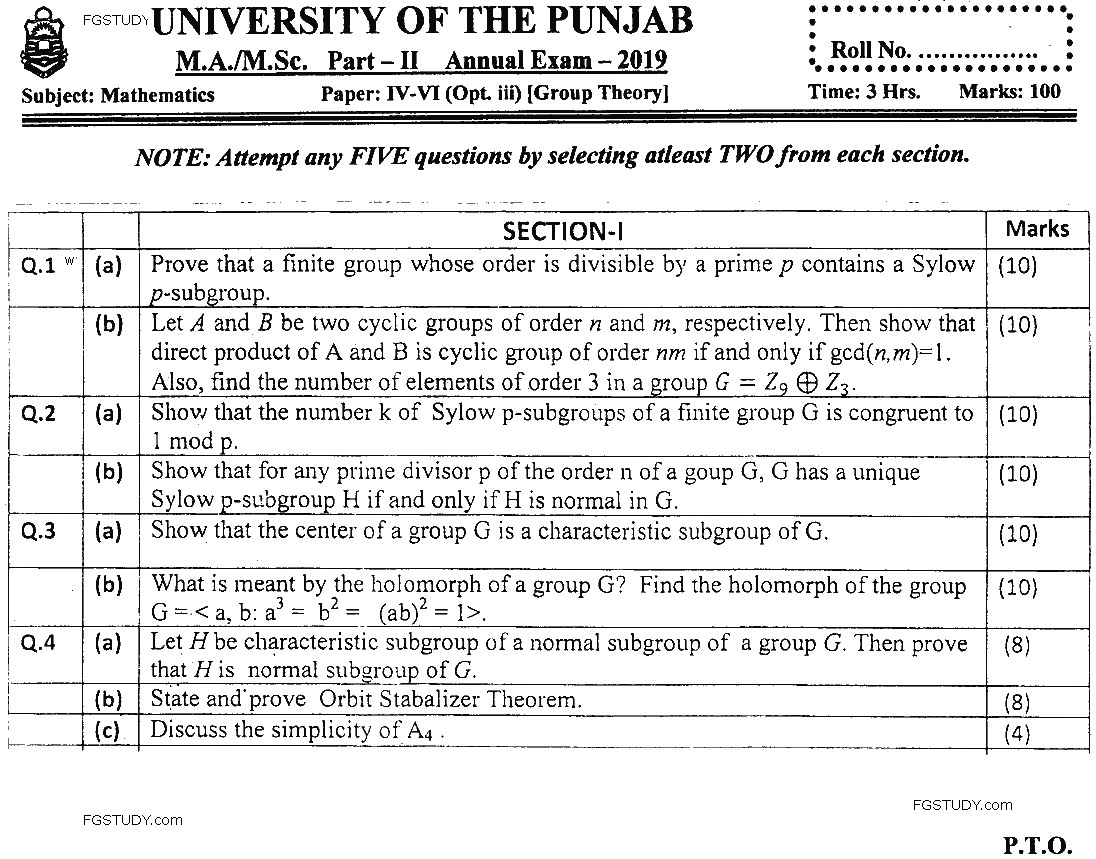 MSc Part 2 Mathematics Group Theory Past Paper 2019 Punjab University Subjective