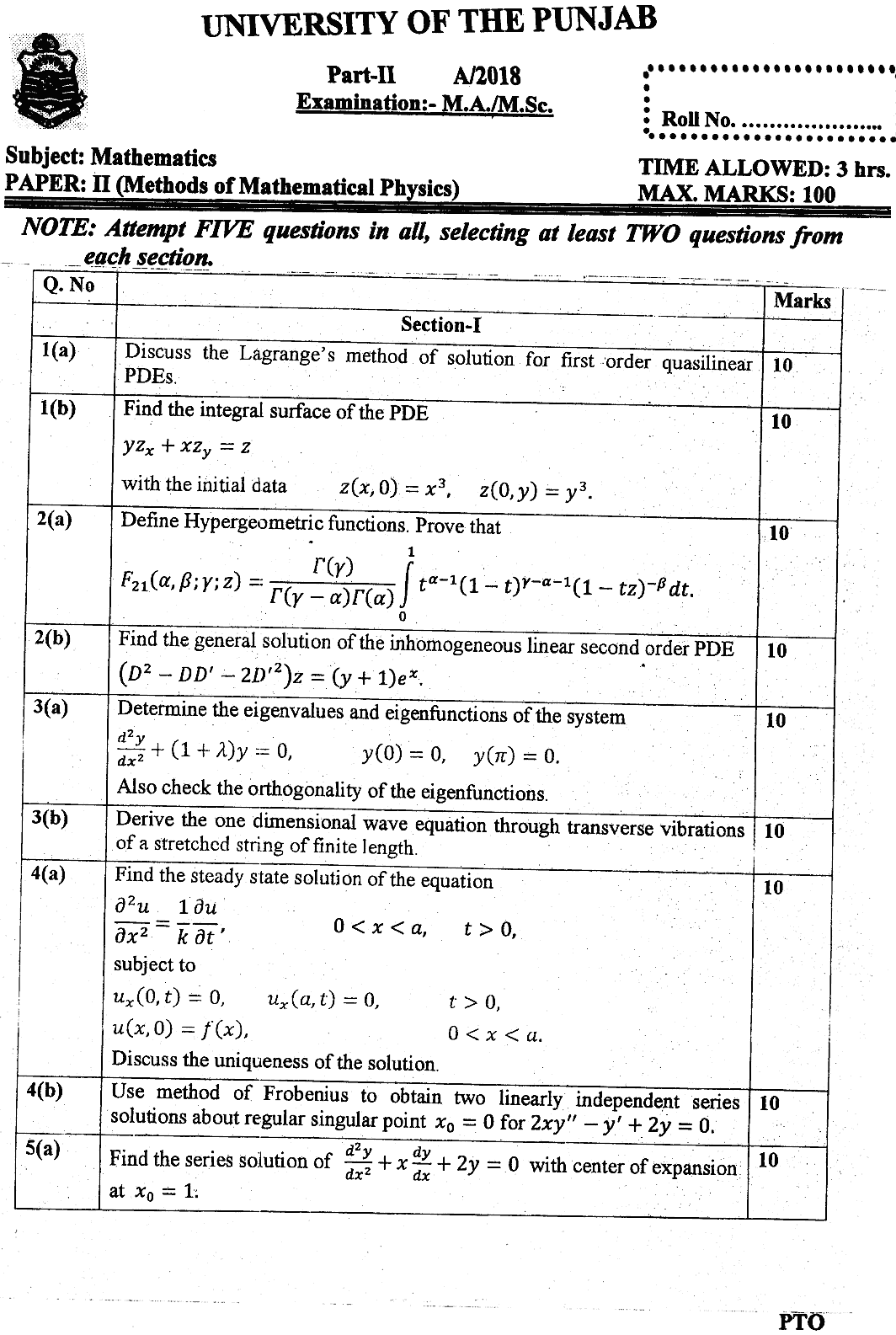 MSc Part 2 Mathematics Methods Of Mathematical Physics Past Paper 2018 Punjab University Subjective