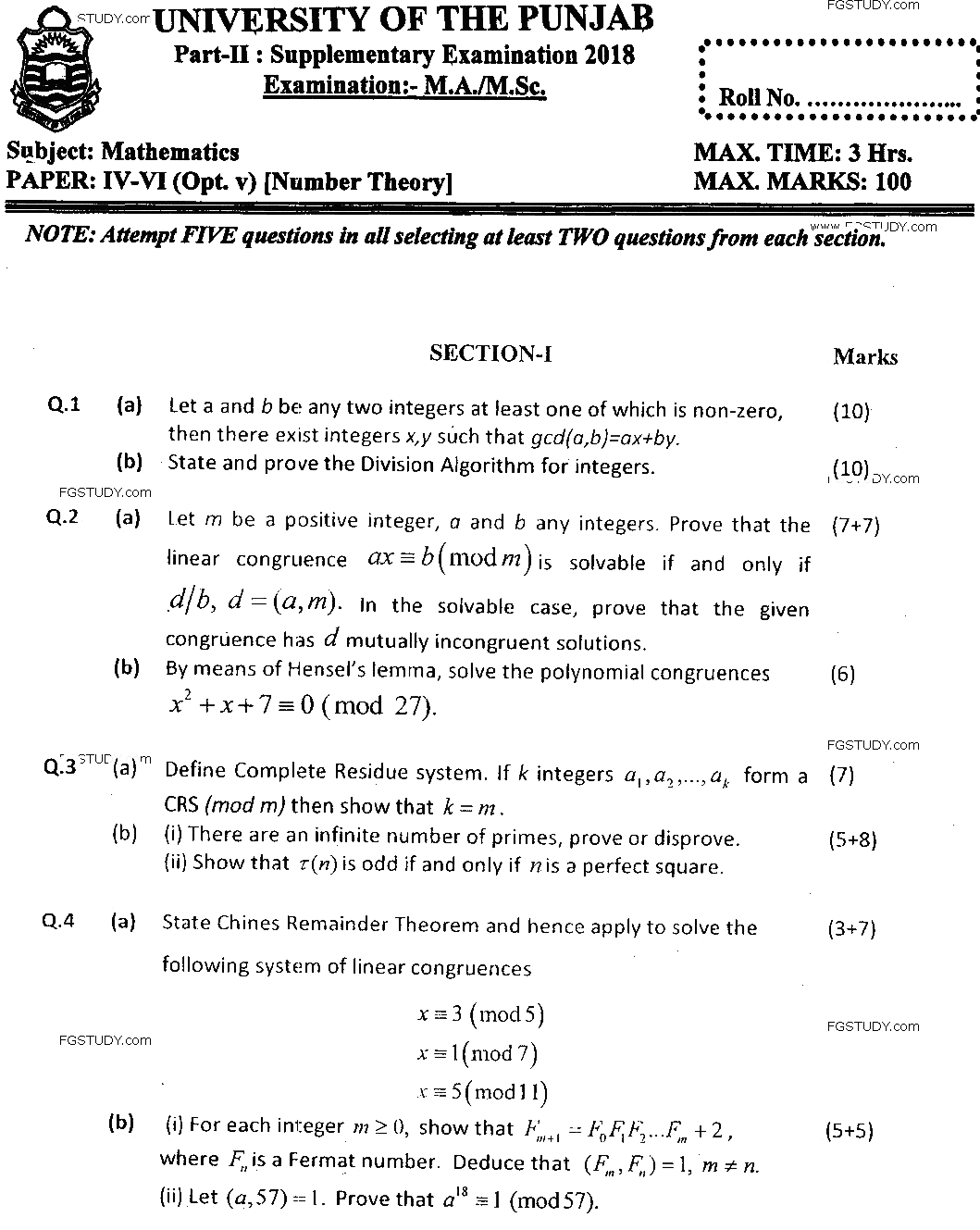 MSc Part 2 Mathematics Number Theory Past Paper 2018 Punjab University Subjective