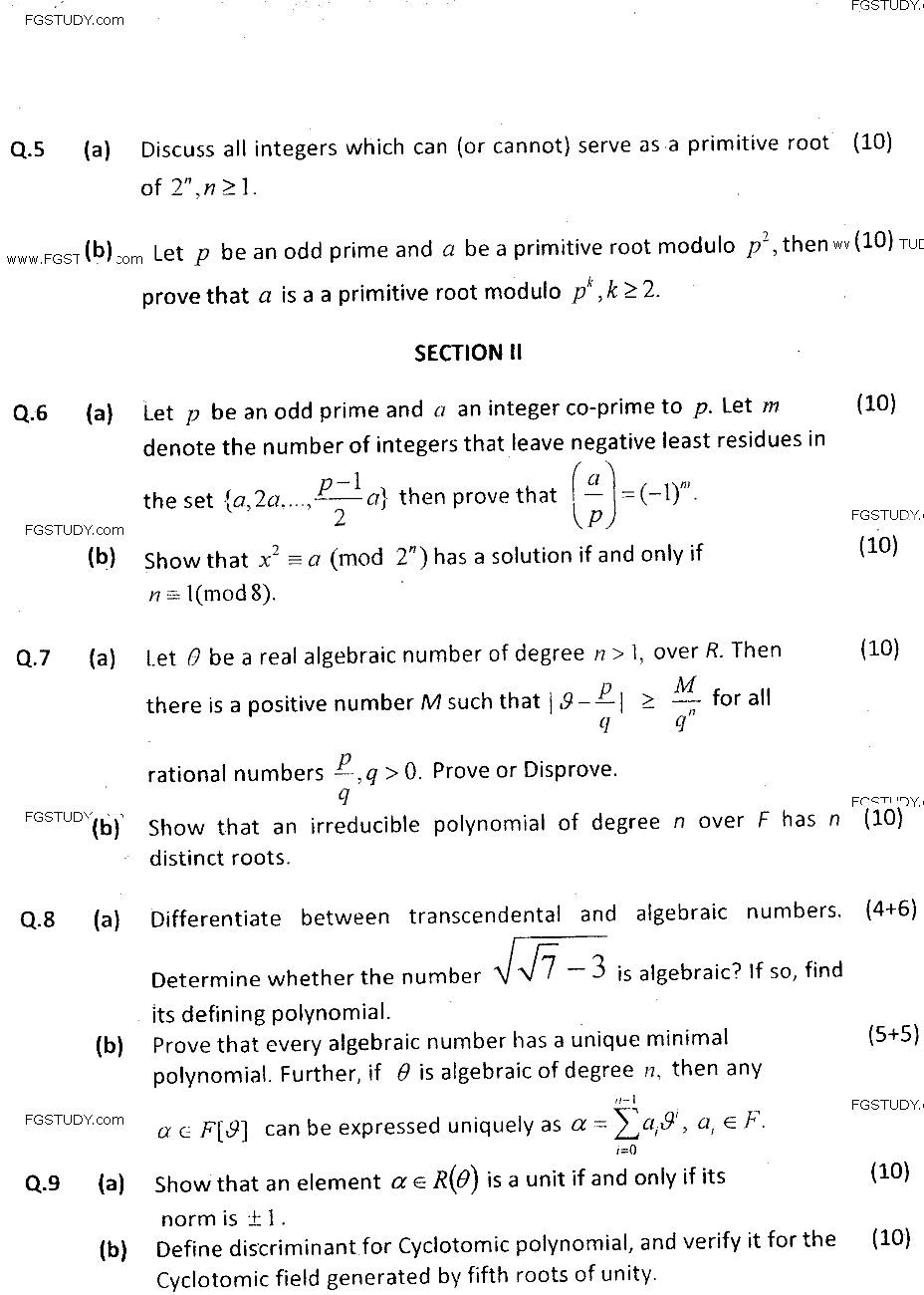MSc Part 2 Mathematics Number Theory Past Paper 2018 Punjab University Subjective