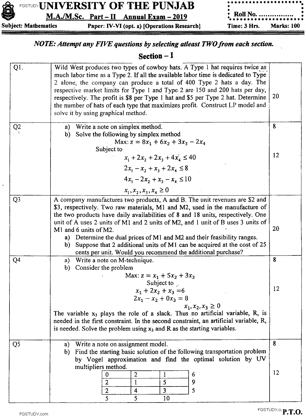 MSc Part 2 Mathematics Operations Research Past Paper 2019 Punjab University Subjective