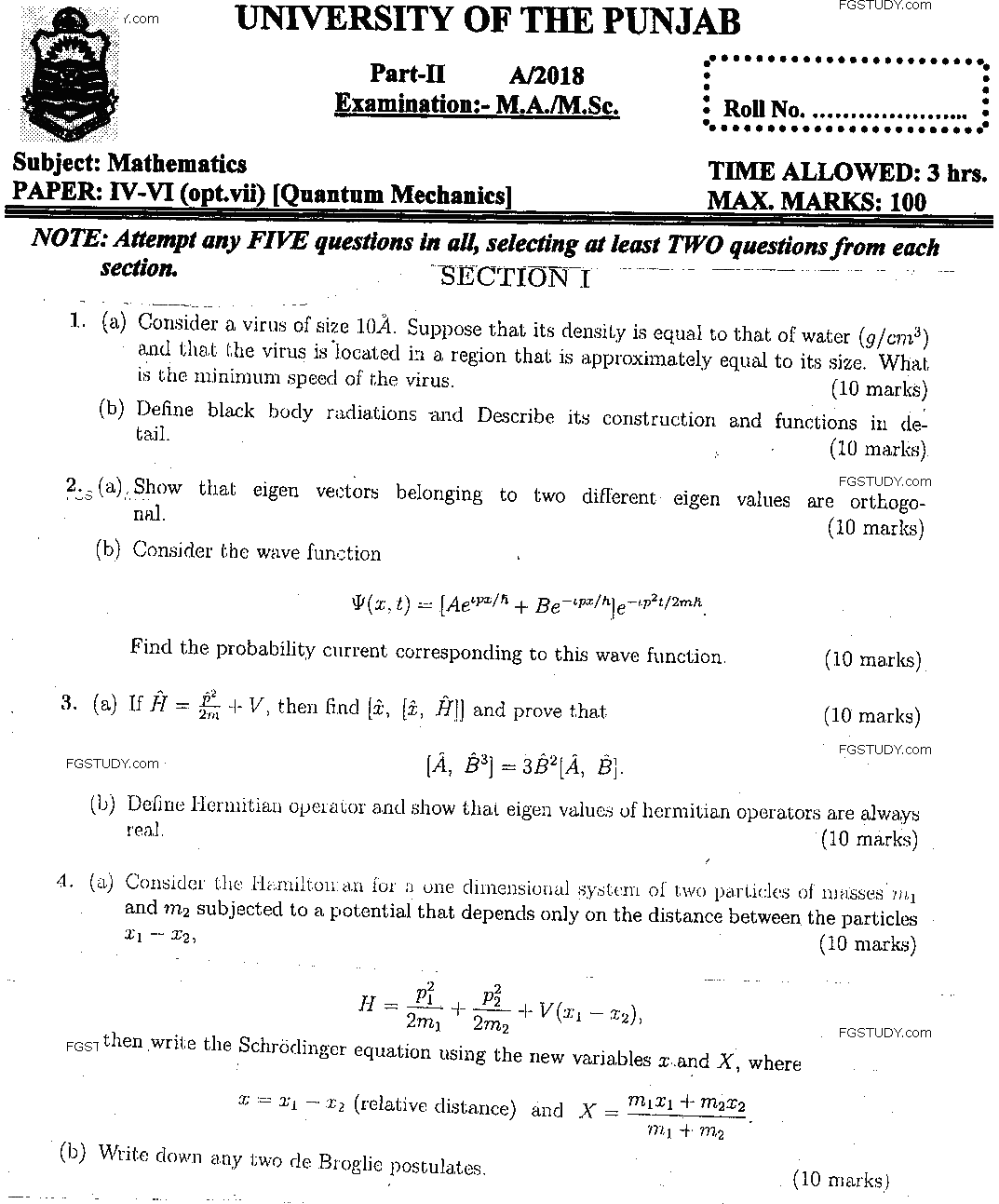 MSc Part 2 Mathematics Quantum Mechanics Past Paper 2018 Punjab University Subjective