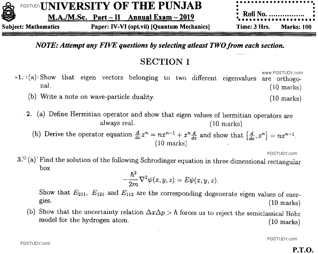 MSc Part 2 Mathematics Quantum Mechanics Past Paper 2019 Punjab University Subjective