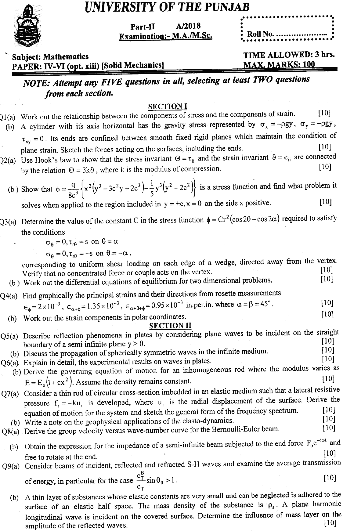MSc Part 2 Mathematics Solid Mechanics Past Paper 2018 Punjab University Subjective