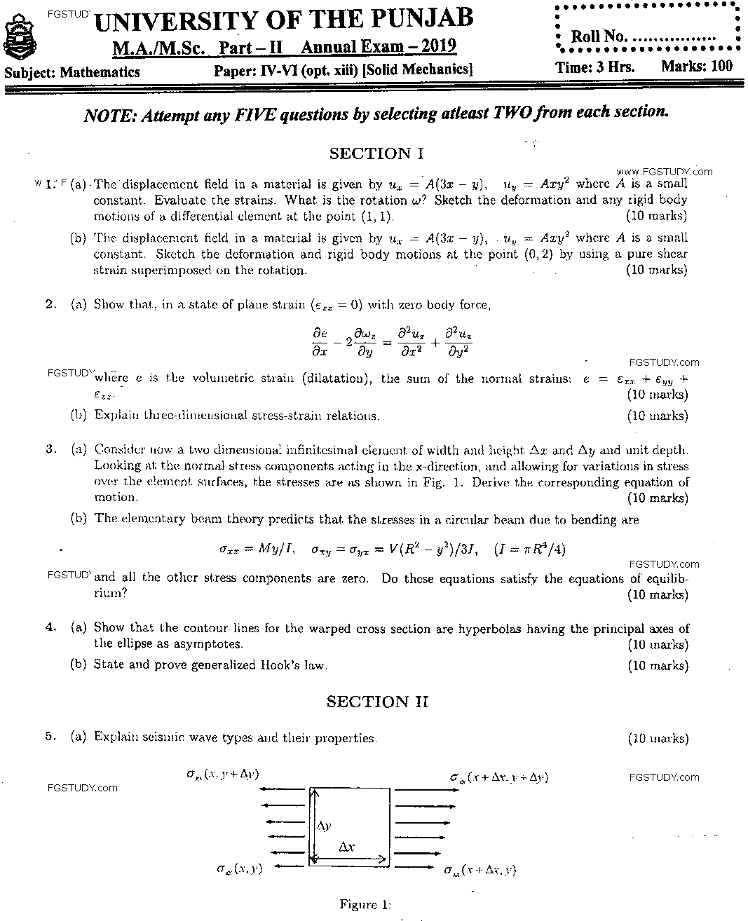 MSc Part 2 Mathematics Solid Mechanics Past Paper 2019 Punjab University Subjective