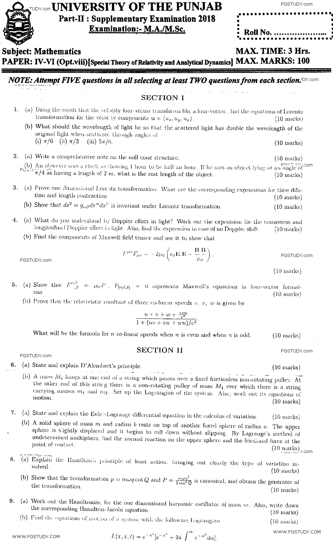 MSc Part 2 Mathematics Special Theory Of Relativity And Analytical Dynamics Past Paper 2018 Punjab University Subjective