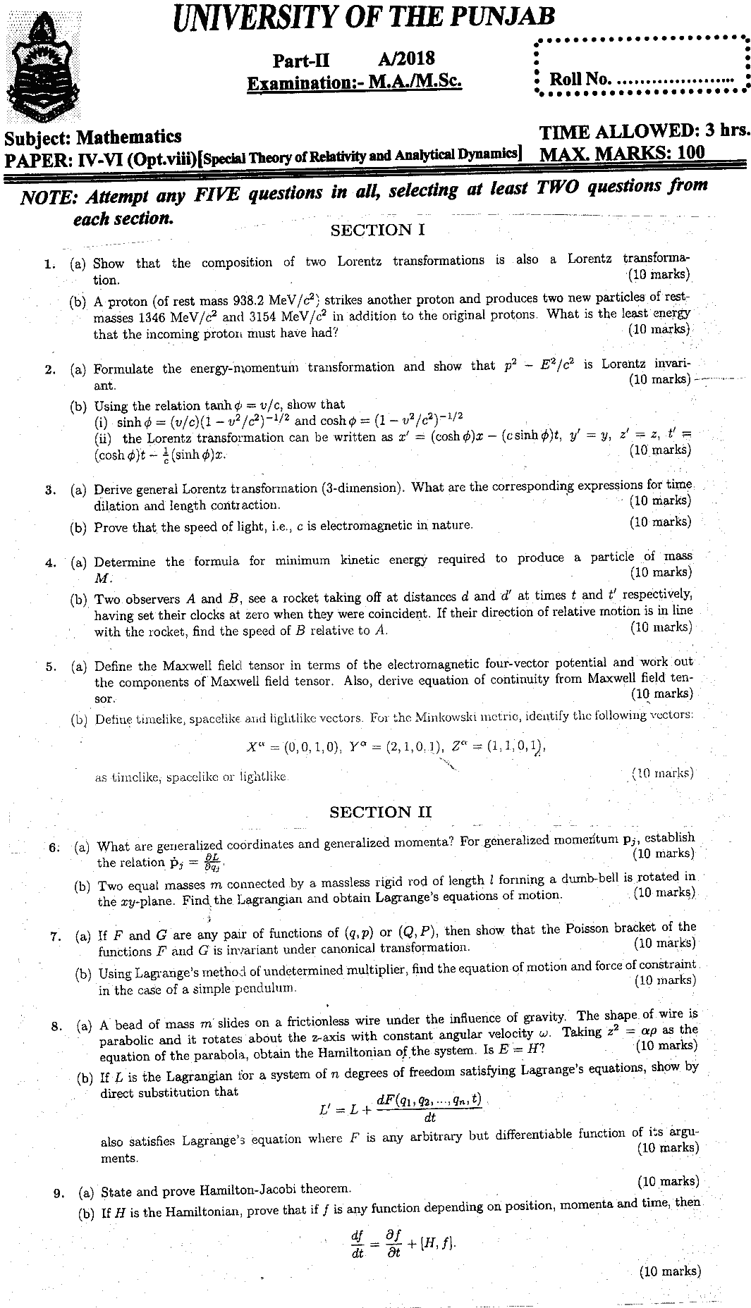 MSc Part 2 Mathematics Special Theory Of Relativity And Analytical Mechanics Past Paper 2018 Punjab University Subjective