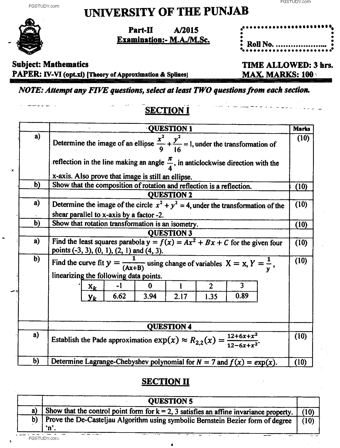 MSc Part 2 Mathematics Theory Of Approximation And Splines Past Paper 2015 Punjab University Subjective