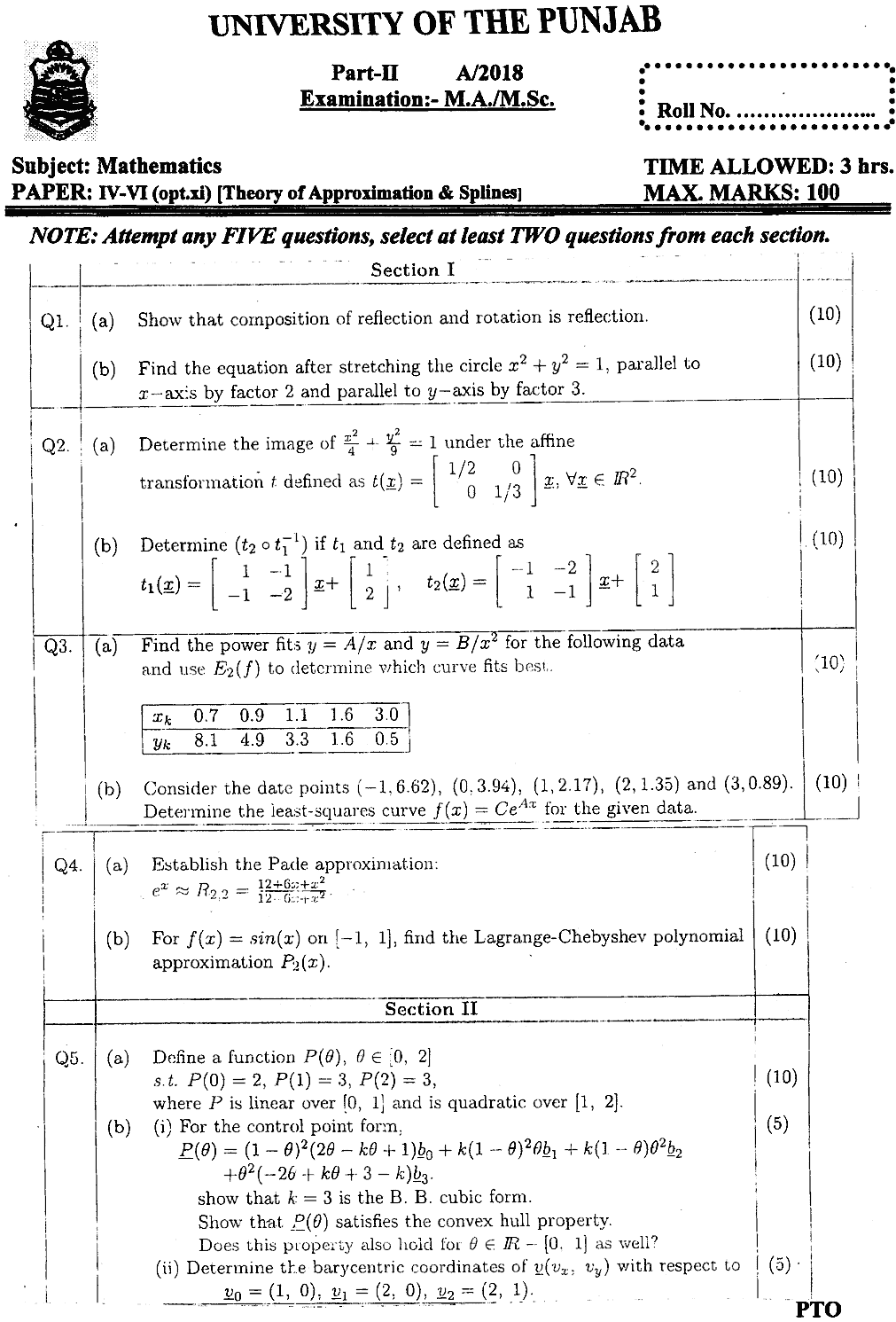 MSc Part 2 Mathematics Theory Of Approximation And Splines Past Paper 2018 Punjab University Subjective