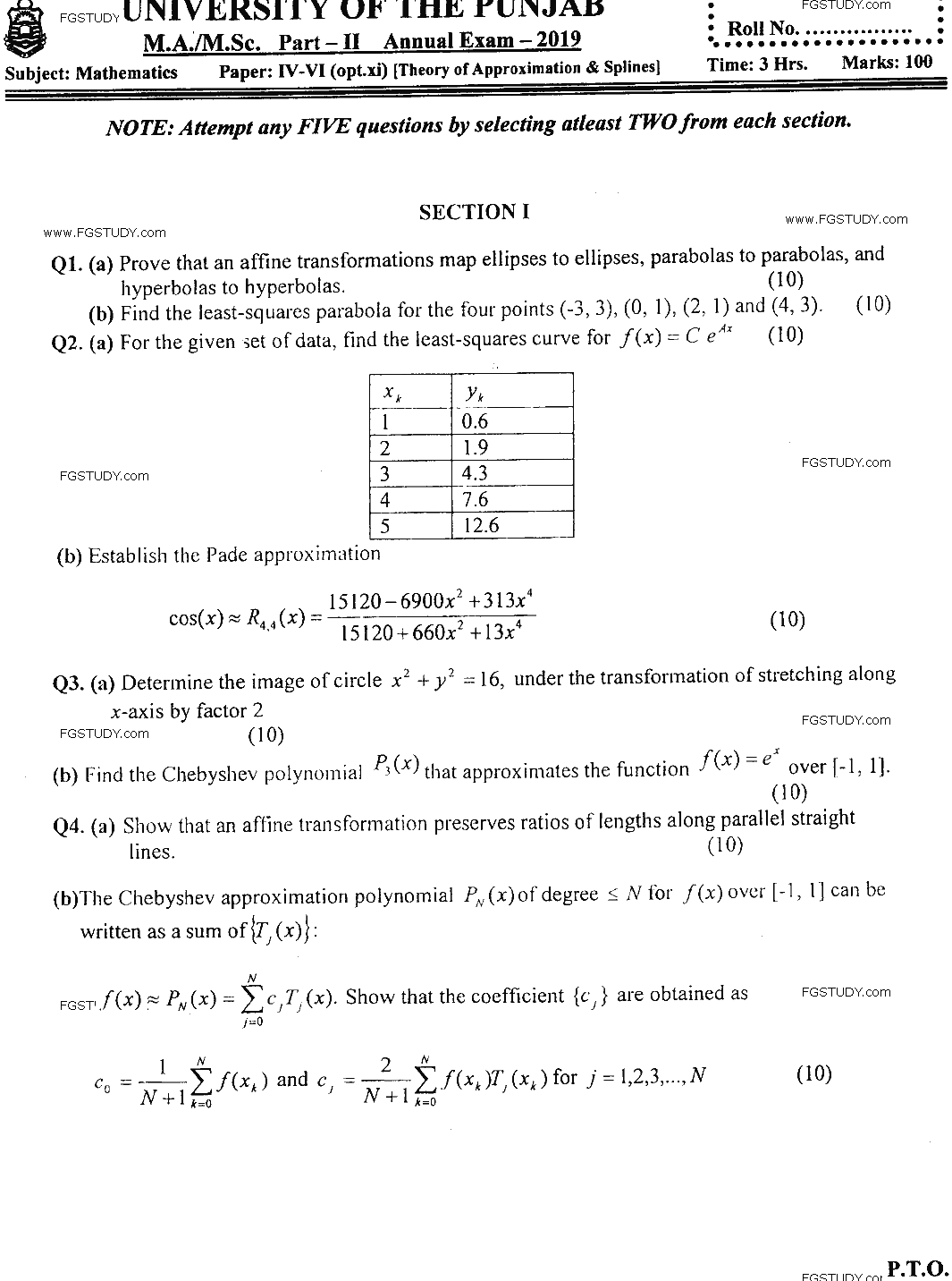 MSc Part 2 Mathematics Theory Of Approximation And Splines Past Paper 2019 Punjab University Subjective
