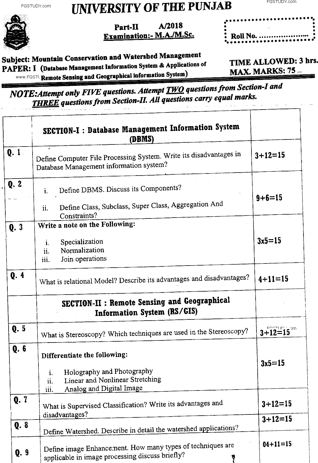 MSc Part 2 Mountain Conservation And Watershed Management Database Management Information System And Applications Of Remote Sensing And Geographical Information System Past Paper 2018 Punjab University Subjective