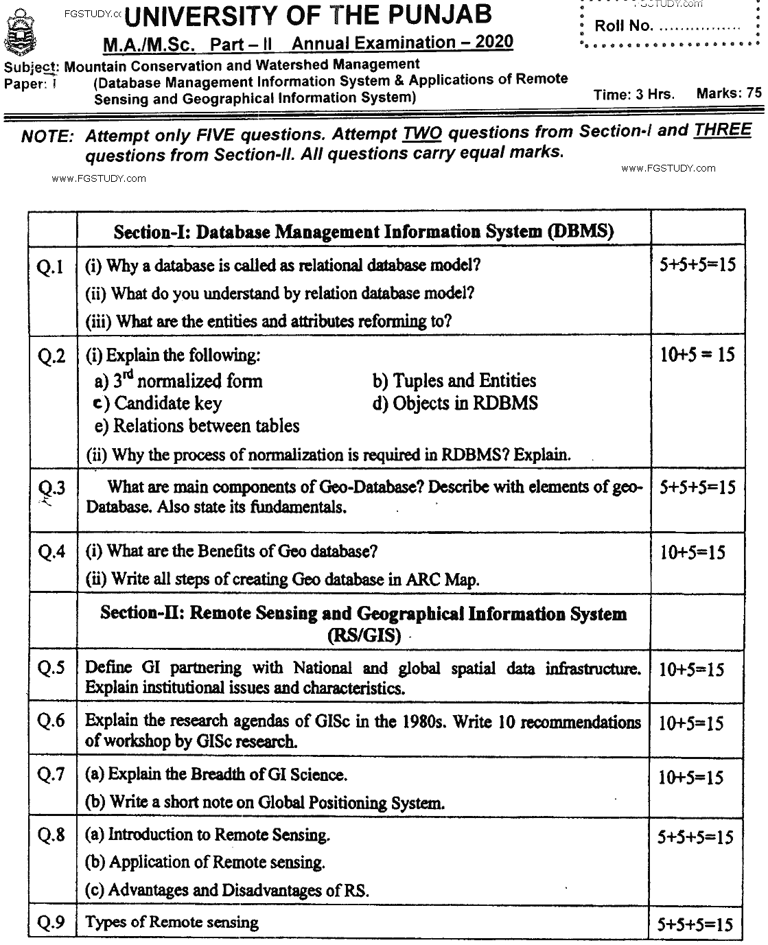 MSc Part 2 Mountain Conservation And Watershed Management Database Management Information System And Applications Of Remote Sensing And Geographical Information System Past Paper 2020 Punjab University Subjective