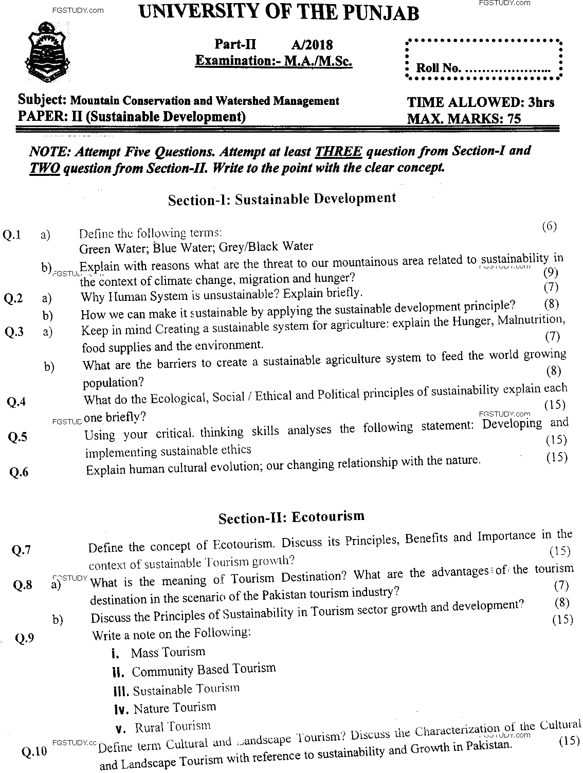 MSc Part 2 Mountain Conservation And Watershed Management Sustainable Development Past Paper 2018 Punjab University Subjective