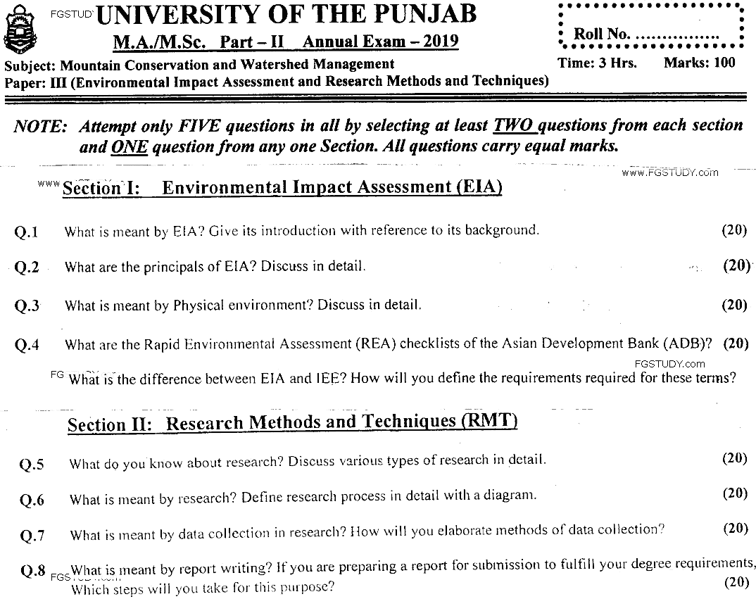 MSc Part 2 Mountain Conversation And Watershed Management Environmental Impact Assessment And Research Methods And Techniques Past Paper 2019 Punjab University Subjective