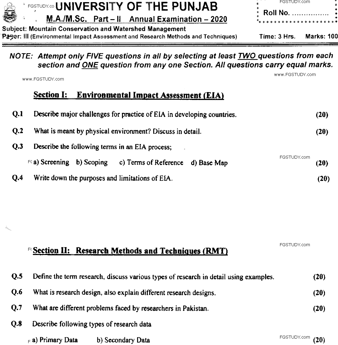 MSc Part 2 Mountain Conversation And Watershed Management Environmental Impact Assessment And Research Methods And Techniques Past Paper 2020 Punjab University Subjective