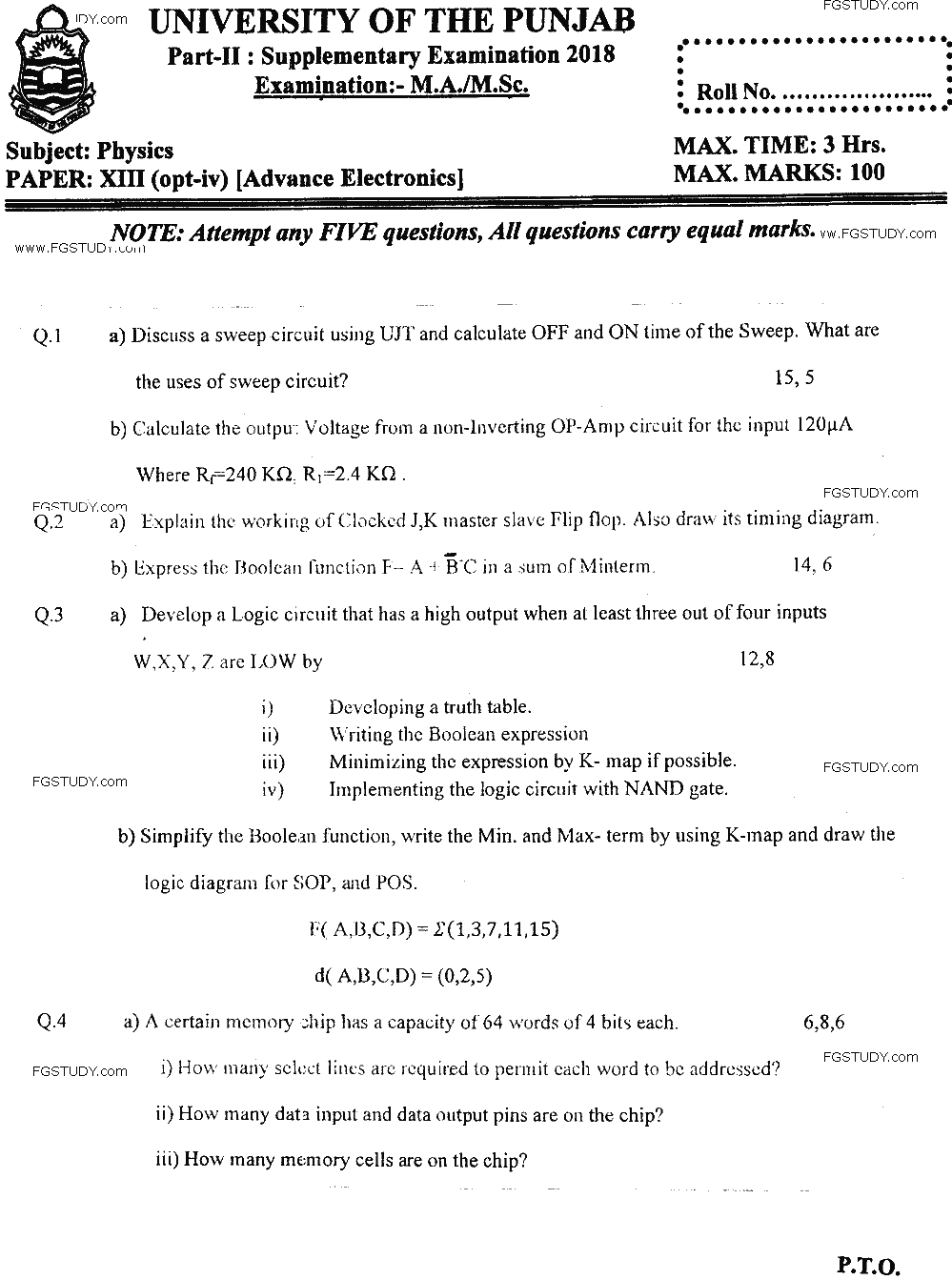 MSc Part 2 Physics Advance Electronics Past Paper 2018 Punjab University Subjective