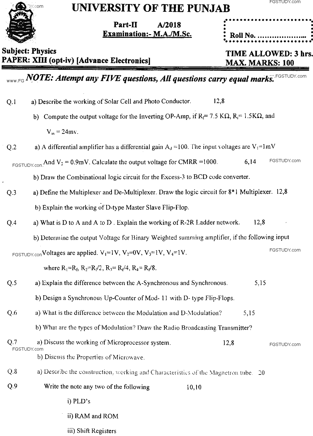 MSc Part 2 Physics Advance Electronics Past Paper 2018 Punjab University Subjective