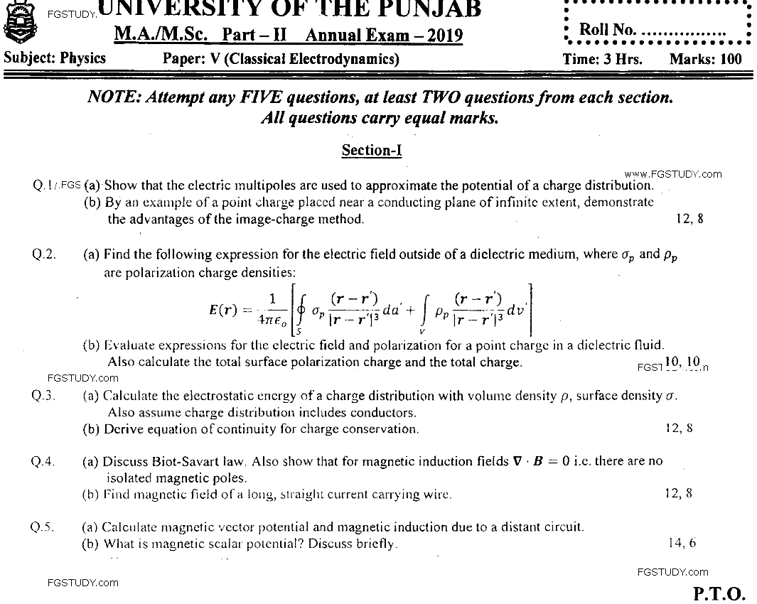 MSc Part 2 Physics Classical Electrodynamics Past Paper 2019 Punjab University Subjective
