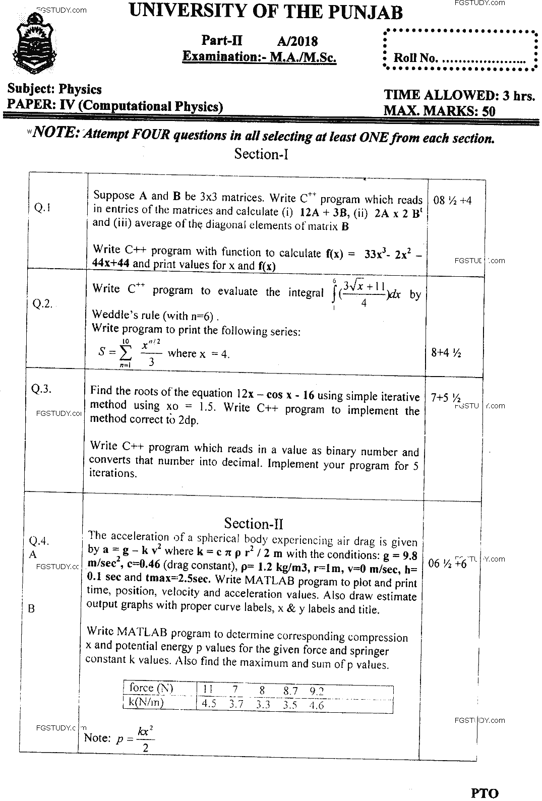 MSc Part 2 Physics Computational Physics Past Paper 2018 Punjab University Subjective