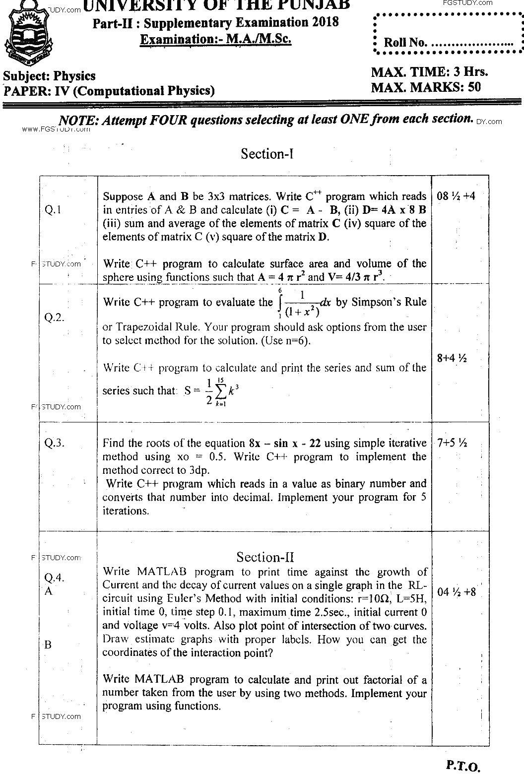 MSc Part 2 Physics Computational Physics Past Paper 2018 Punjab University Subjective