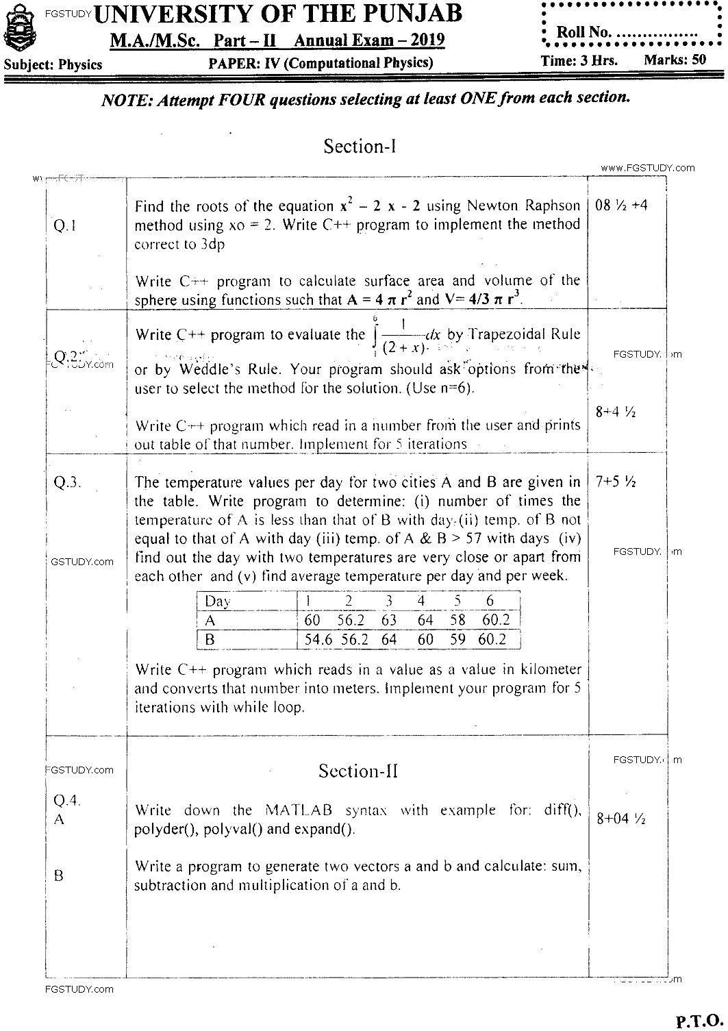 MSc Part 2 Physics Computational Physics Past Paper 2019 Punjab University Subjective