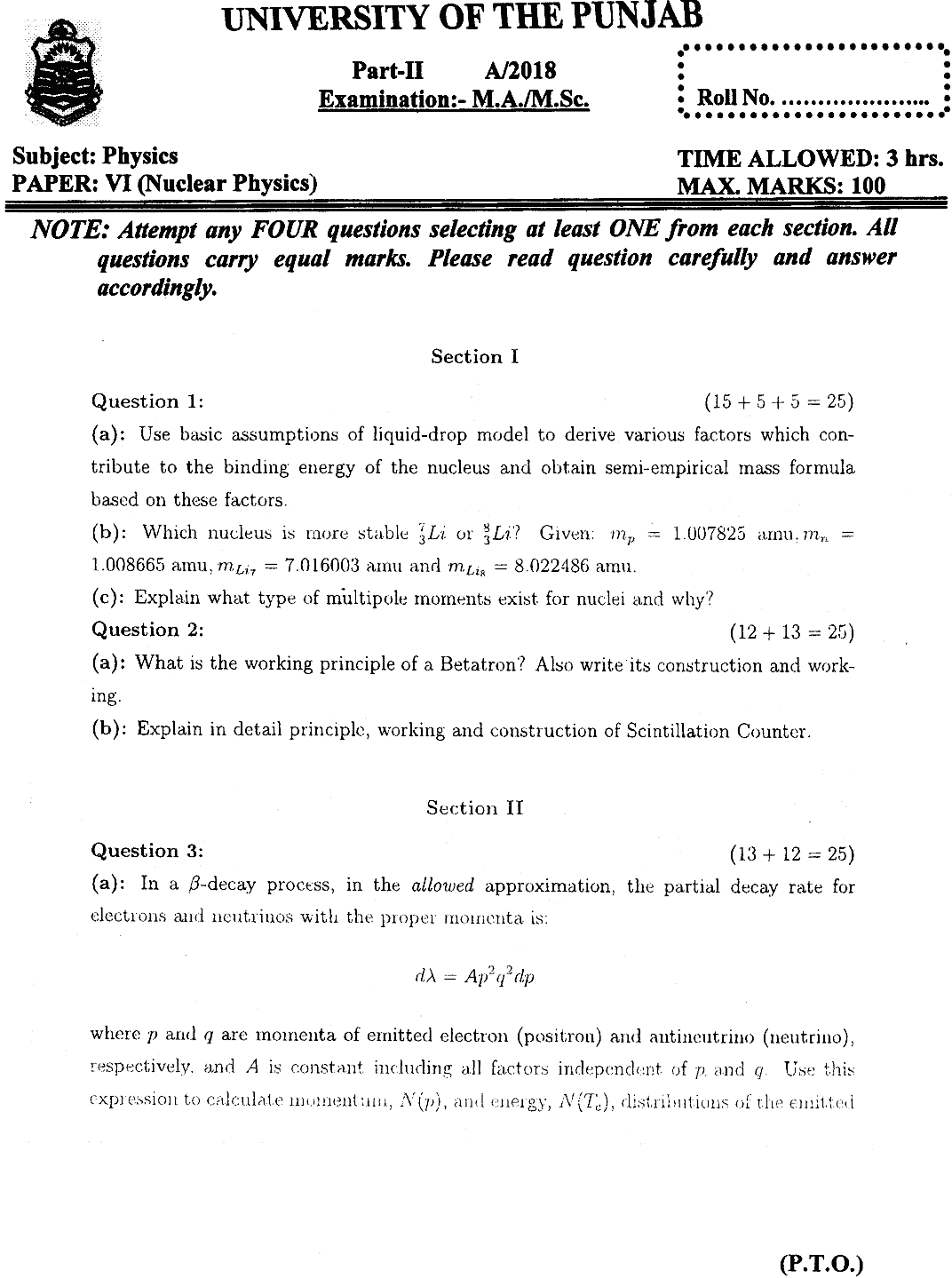 MSc Part 2 Physics Nuclear Physics Past Paper 2018 Punjab University Subjective