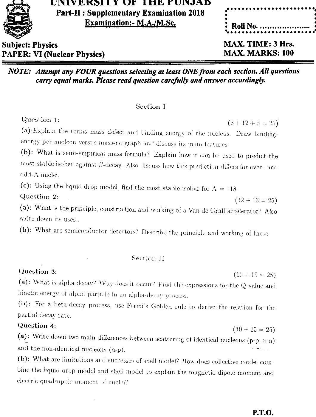 MSc Part 2 Physics Nuclear Physics Past Paper 2018 Punjab University Subjective