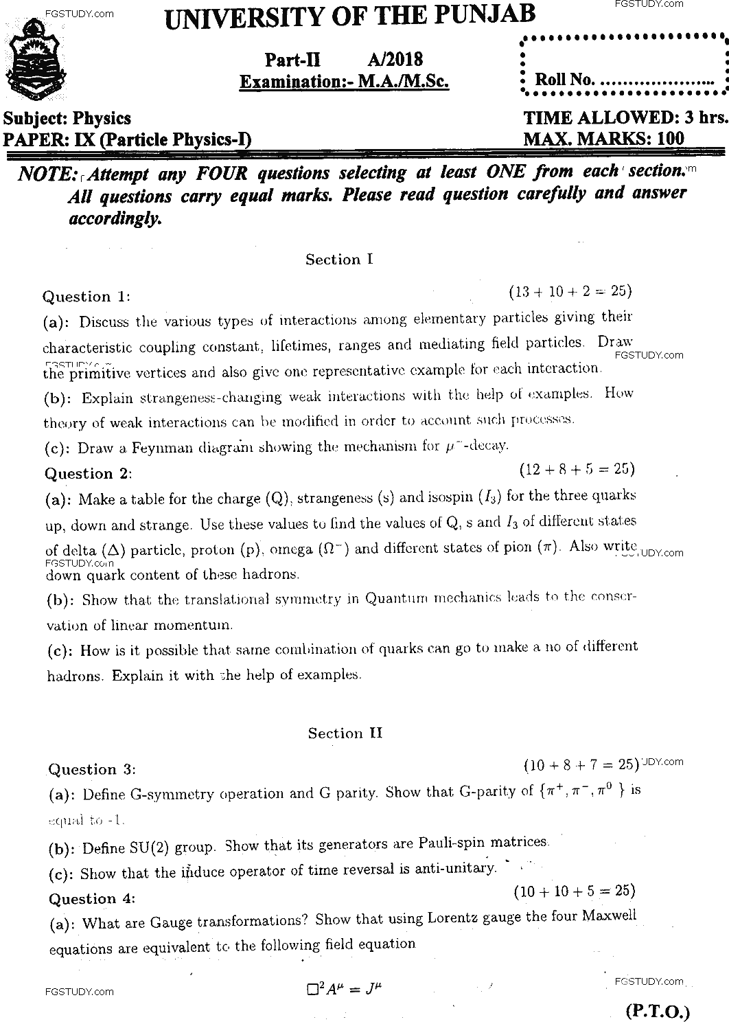 MSc Part 2 Physics Particle Physics 1 Past Paper 2018 Punjab University Subjective