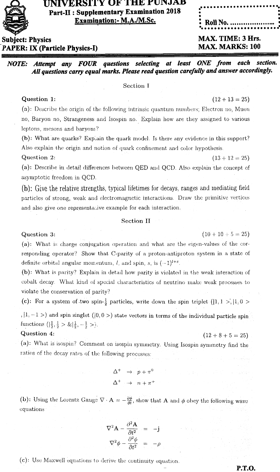 MSc Part 2 Physics Particle Physics 1 Past Paper 2018 Punjab University Subjective