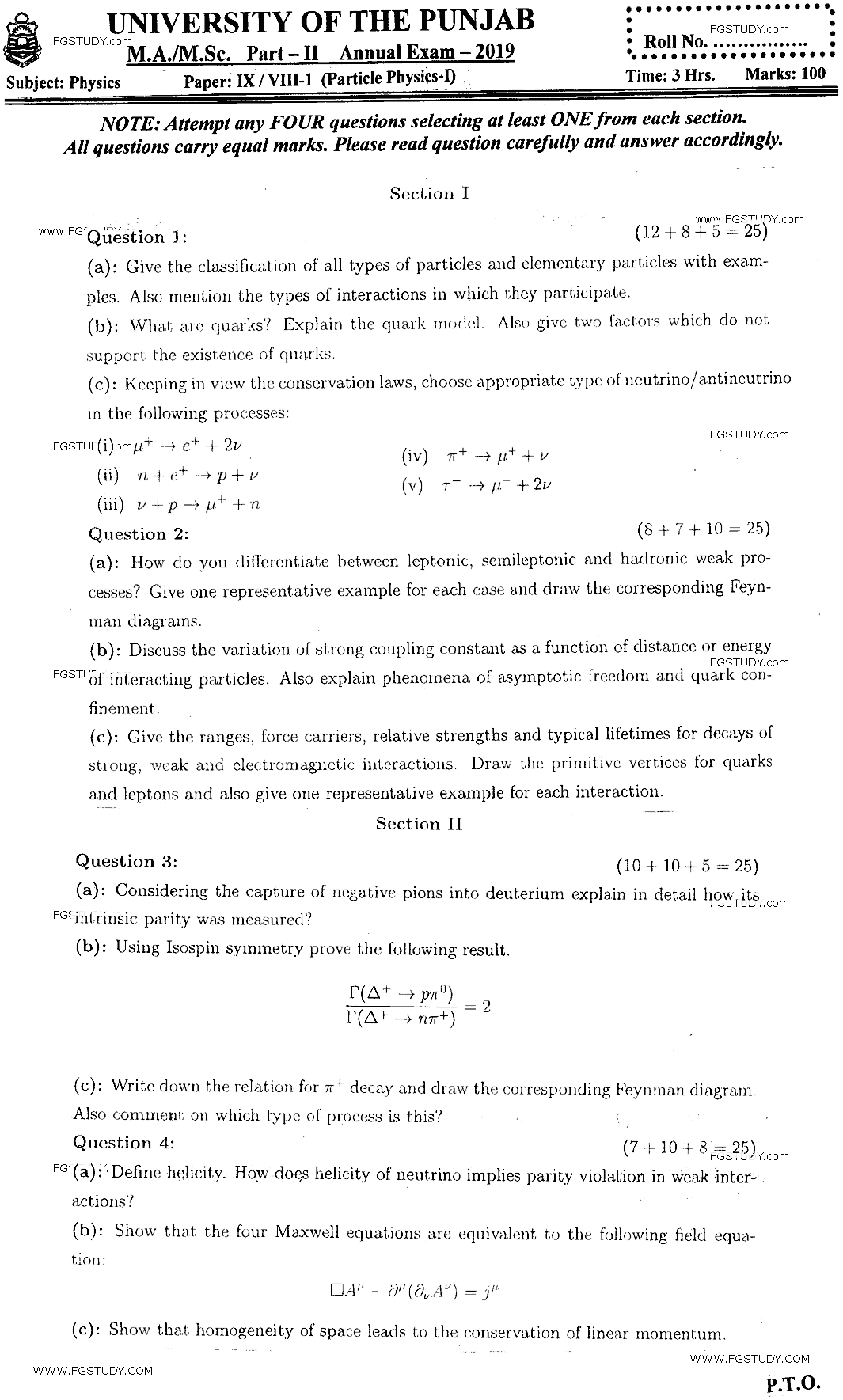 MSc Part 2 Physics Particle Physics 1 Past Paper 2019 Punjab University Subjective