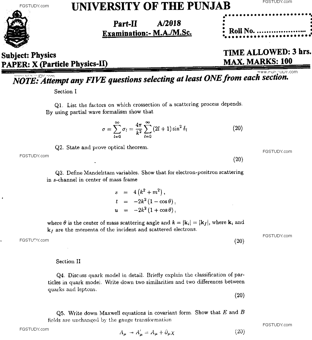 MSc Part 2 Physics Particle Physics 2 Past Paper 2018 Punjab University Subjective