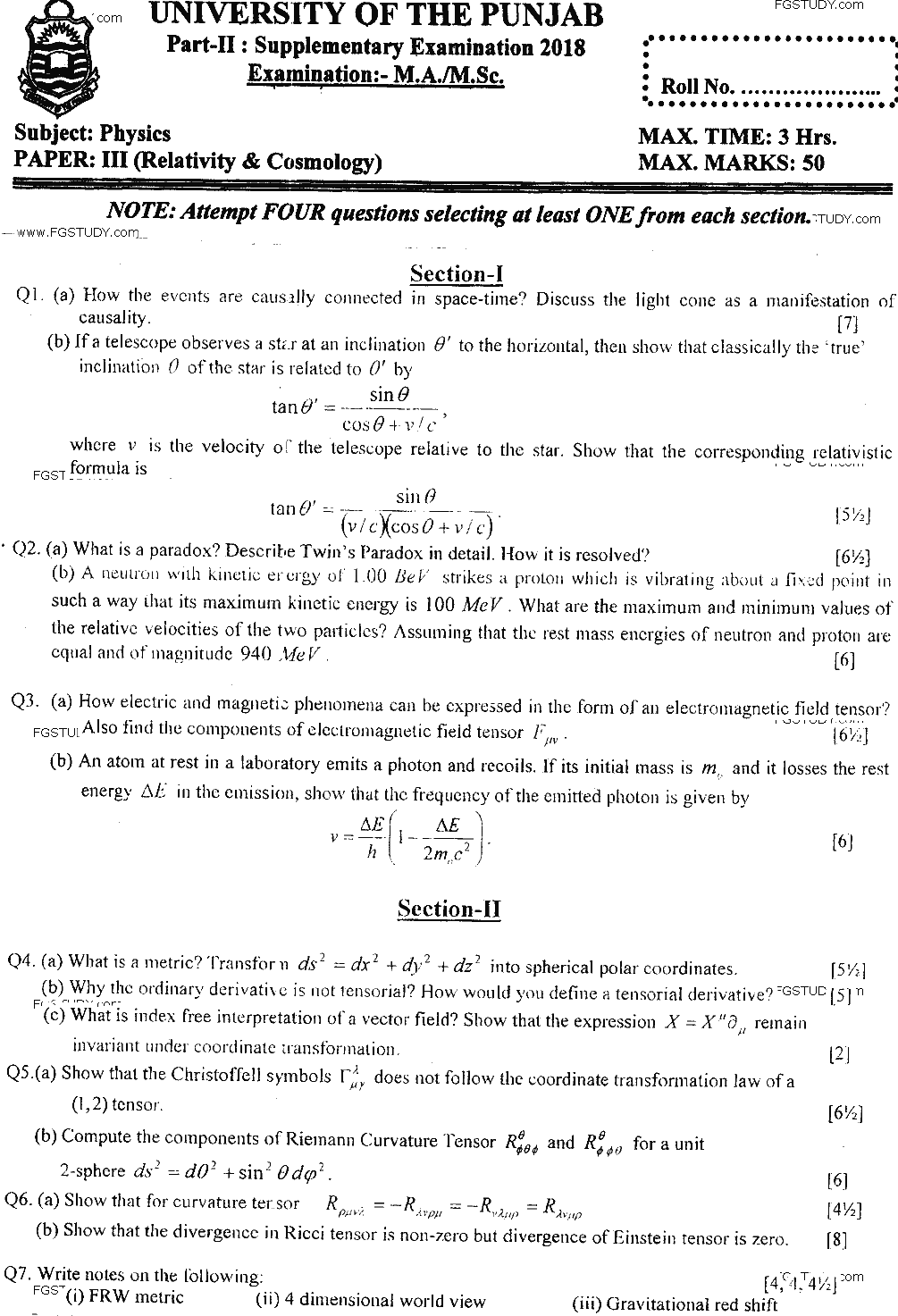 MSc Part 2 Physics Relativity And Cosmology Past Paper 2018 Punjab University Subjective