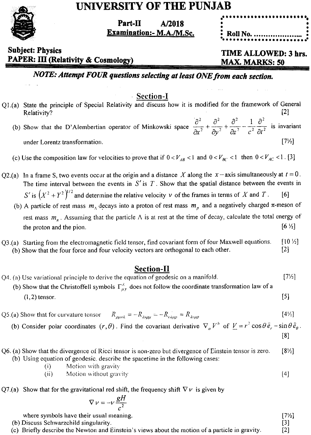 MSc Part 2 Physics Relativity And Cosmology Past Paper 2018 Punjab University Subjective