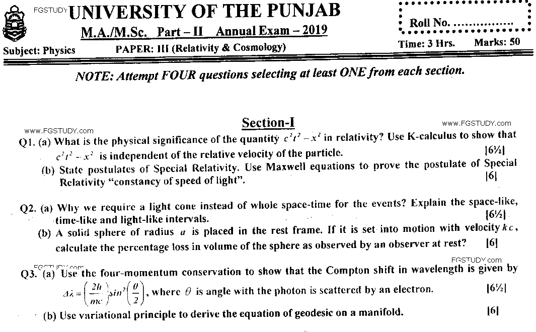 MSc Part 2 Physics Relativity And Cosmology Past Paper 2019 Punjab University Subjective