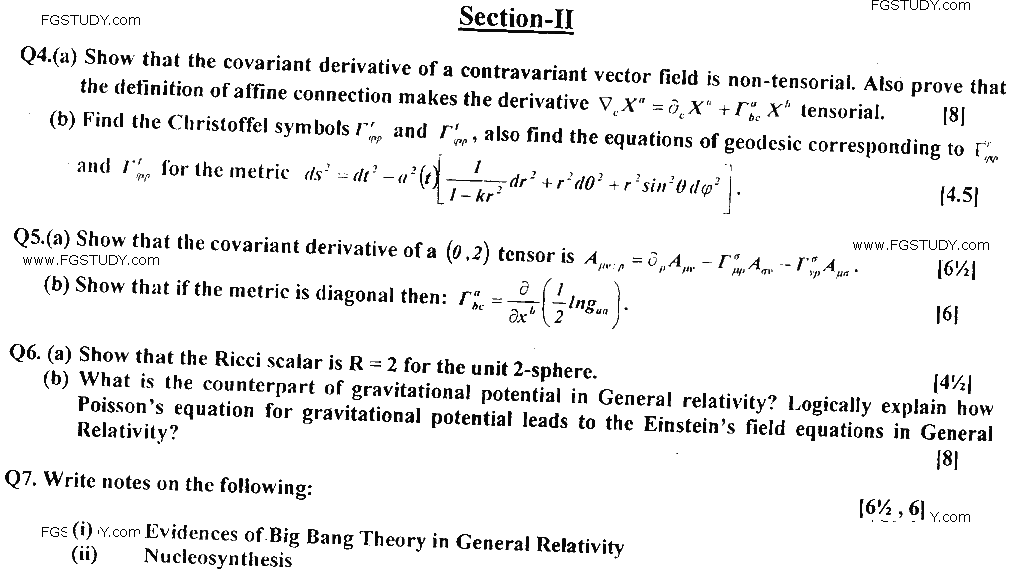 MSc Part 2 Physics Relativity And Cosmology Past Paper 2019 Punjab University Subjective